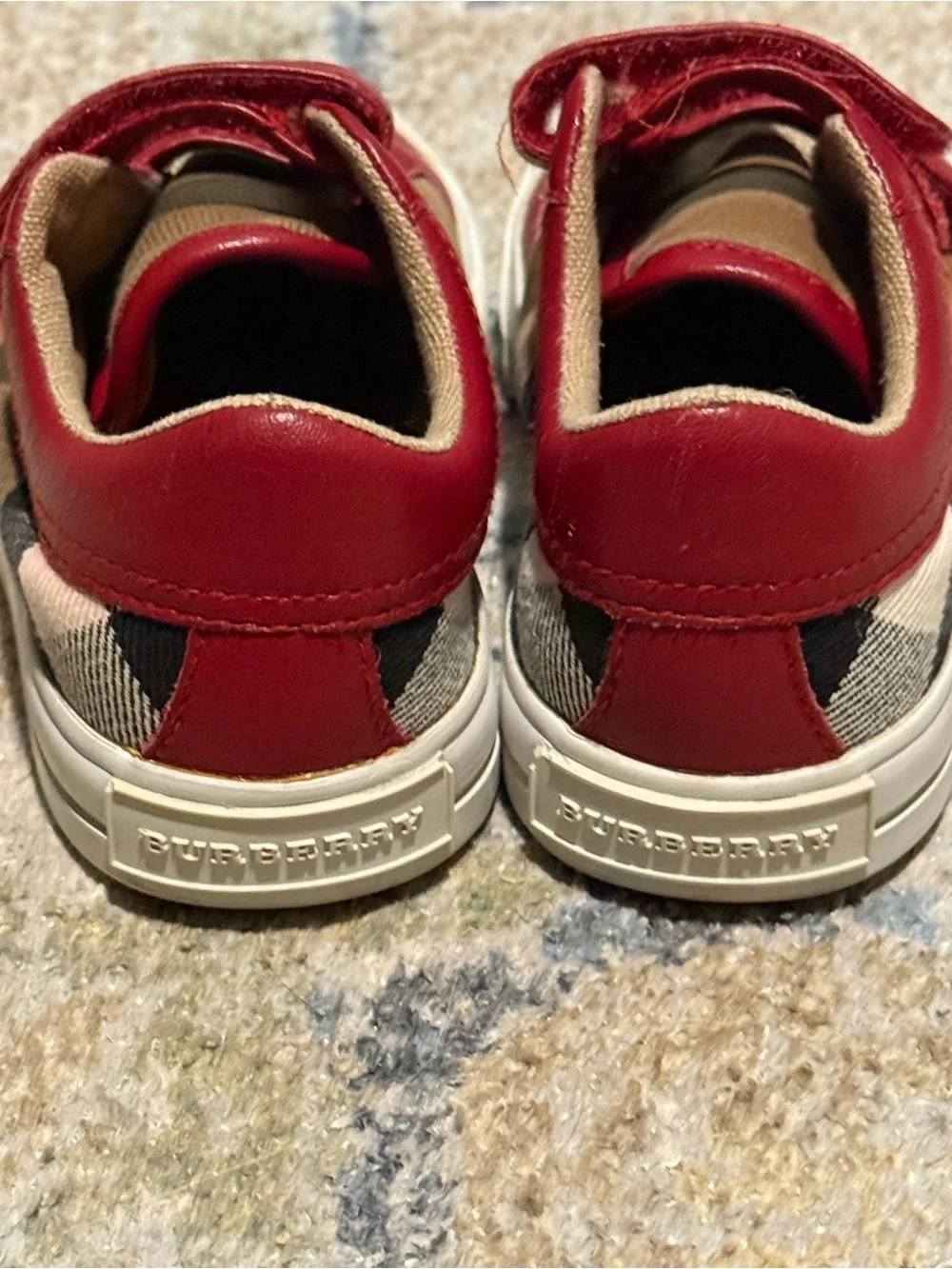 Burberry Red Leather & Tan Canvas Plaid Kids Sneaker with Velcro Straps